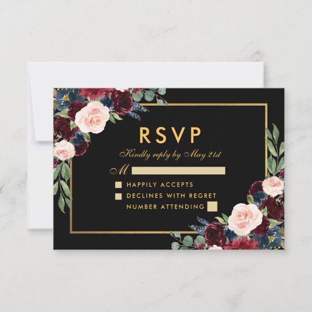 Burgundy Blue Floral Wedding RSVP Black Gold (Vorderseite)