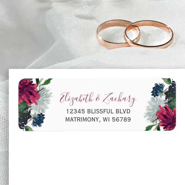 Burgundy Blue Floral Wedding Rücksendeadresse (Von Creator hochgeladen)