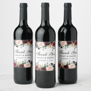 Burgundy Blue Floral Wedding Vielen Dank Weinetikett