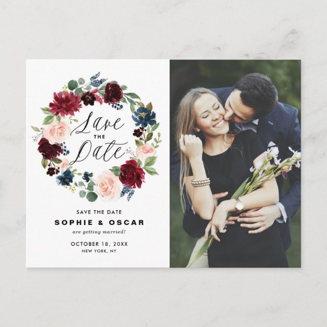 Burgundy & Blue Floral Wreath Foto Save the Date Ankündigungspostkarte (Vorderseite)