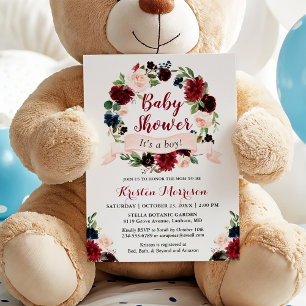 Burgundy Blue Floral Wreath Ribbon Babydusche Einladung