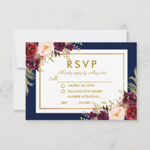 Burgundy Blue Gold Floral Mariage RSVP
