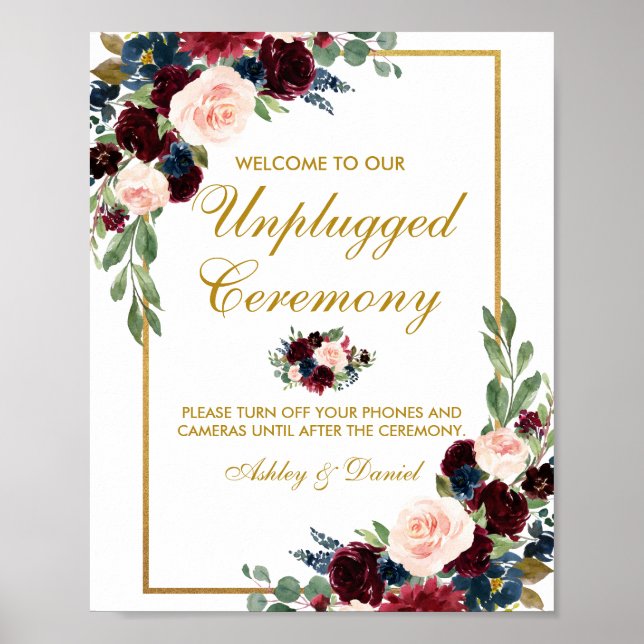 Burgundy Blue Gold Floral Wedding Unplugged Poster (Vorne)