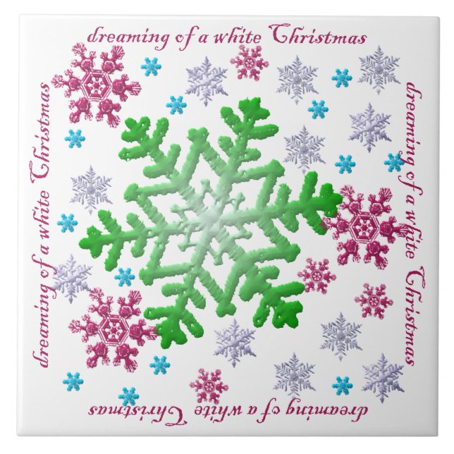 Burgundy Blue Green & Silver Snowflakes Fliese (Vorderseite)