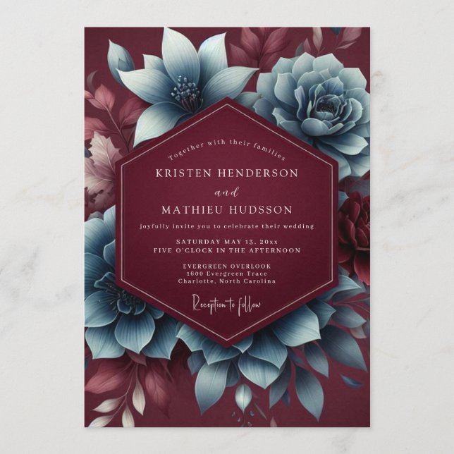 Burgundy & Blue Moody Bloom Wedding Einladung (Vorderseite)
