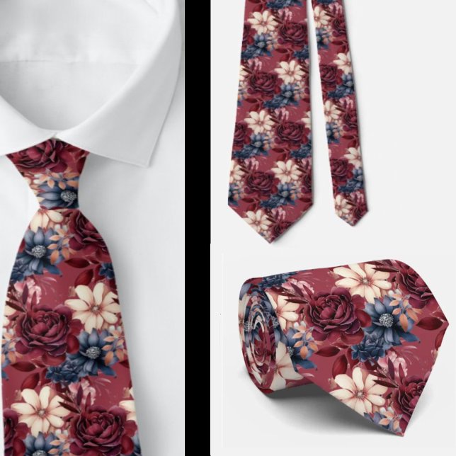 Burgundy Blue Periwinkle Blush Pink Floral Krawatte (Von Creator hochgeladen)