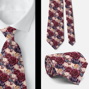 Burgundy Blue Periwinkle Blush Pink Floral Krawatte
