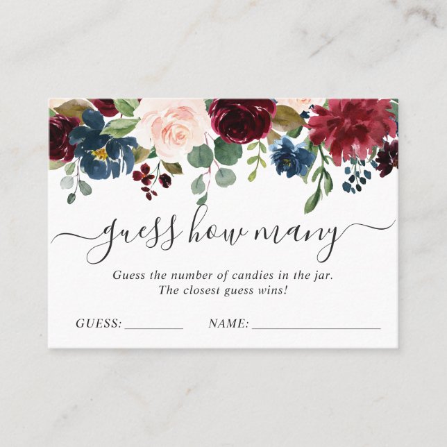 Burgundy Blue Pink Floral rät wie viele Game Card Visitenkarte (Vorderseite)