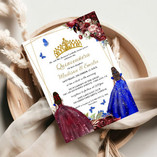 Burgundy & Blue Royal Butterfly Twin Quinceanera Einladung