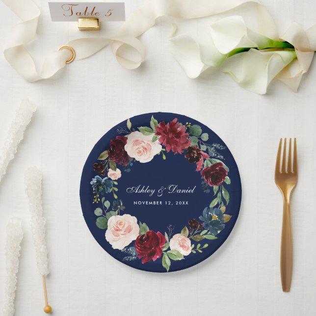 Burgundy Blue Watercolor Blumenzeremonie Pappteller (Hochzeit)