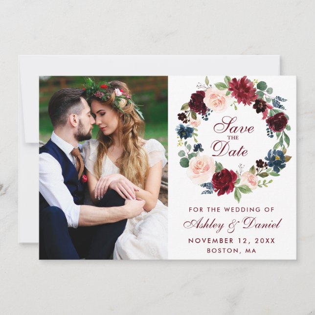 Burgundy Blue Watercolor Blumenzeremonie Save The Date (Vorderseite)