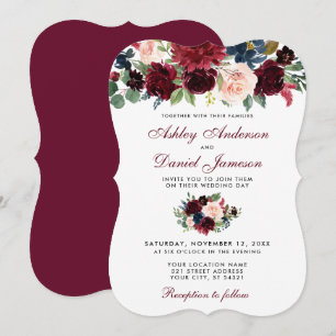Burgundy Blue Watercolor Floral Elegante Hochzeit Einladung