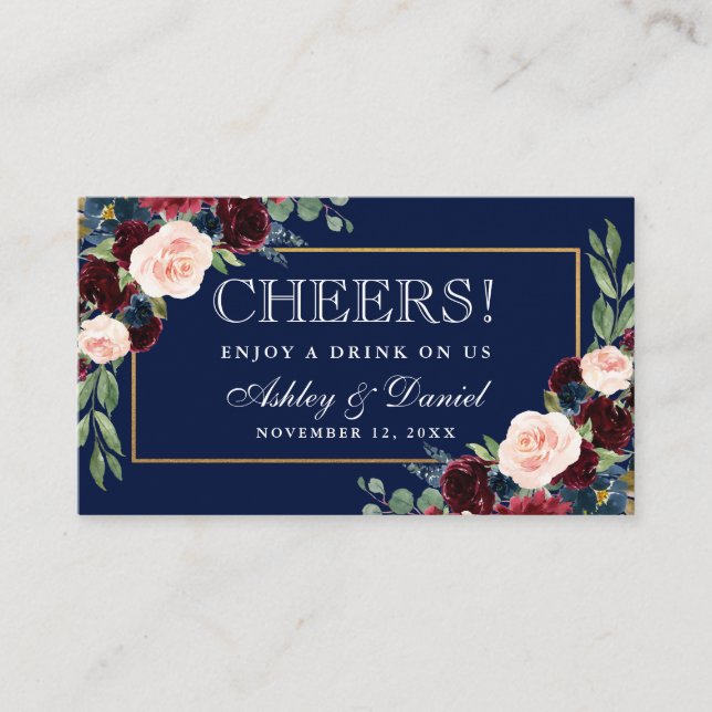 Burgundy Blue Wedk Drink Ticket Card Begleitkarte (Vorderseite)