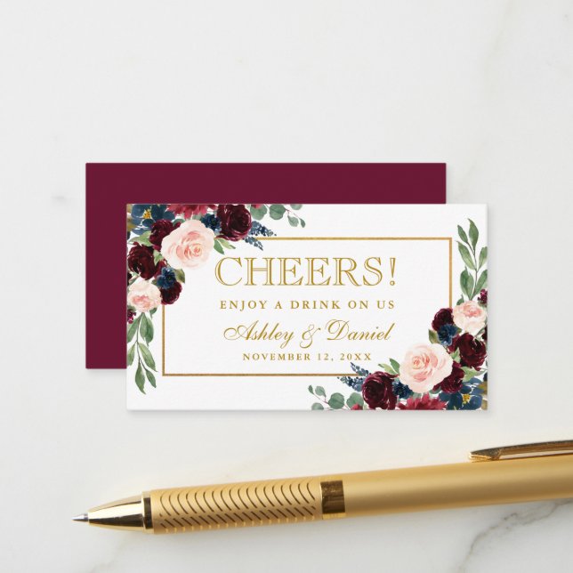 Burgundy Blue Wedk Drink Ticket Card Gold Begleitkarte (Vorderseite/Rückseite Beispiel)