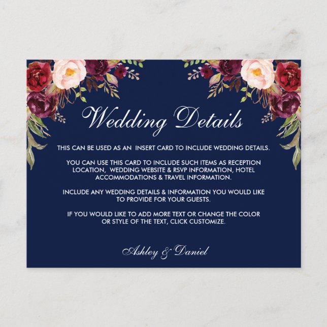 Burgundy Blues Hochzeitdetails Beipackkarte Postkarte (Vorderseite)
