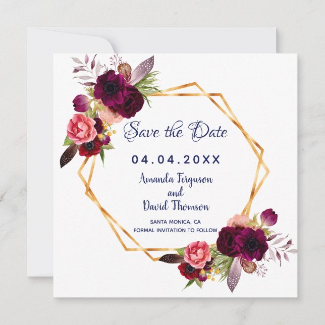 Burgundy Blume Blue Wedding Speichern Sie das Datu Save The Date (Vorderseite)
