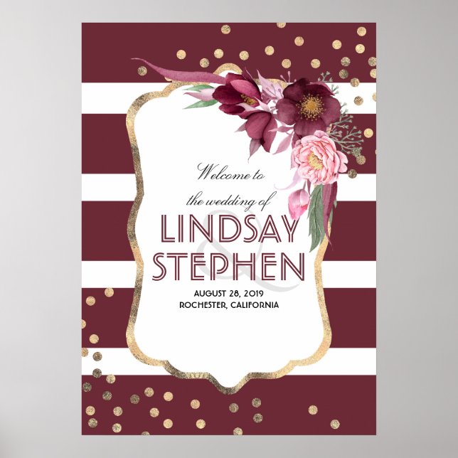 Burgundy Blume Elegante Gold Dots Hochzeit Willkom Poster (Vorne)