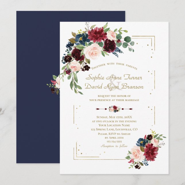 Burgundy Blume Gold Glitzer Frame Navy Hochzeit Einladung (Vorne/Hinten)