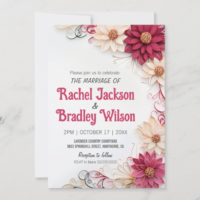 Burgundy Blume Hochzeitspapier-Quilling simuliert Einladung (Vorderseite)