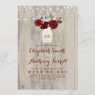 Burgundy Blume Mason Jar Rustic Wood Wedding Einladung