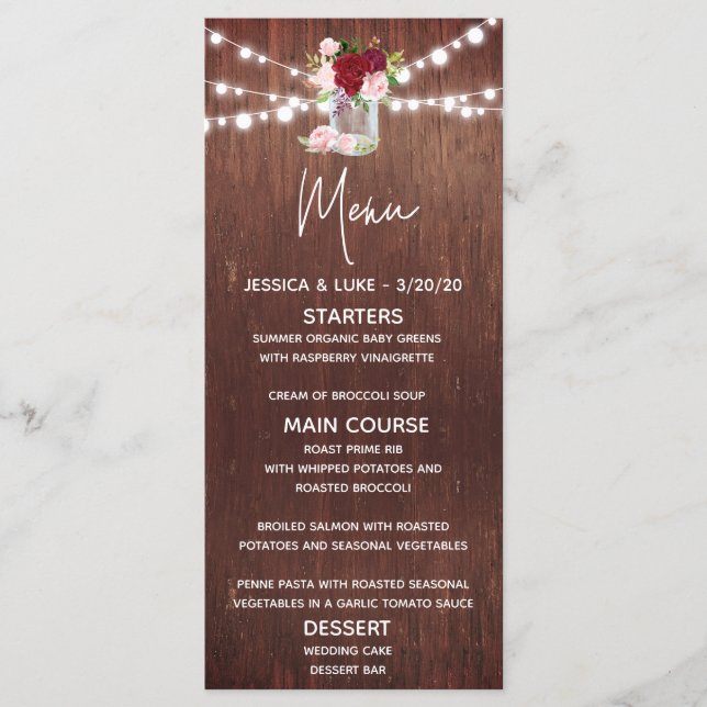Burgundy Blume Mason Jar Wood Wedding Lights Menükarte (Vorderseite)