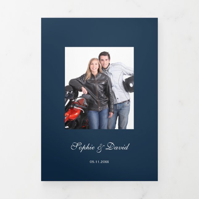 Burgundy Blume Navy Blue Foto Hochzeit Dreifach-gefaltete Programmkarte (Cover)