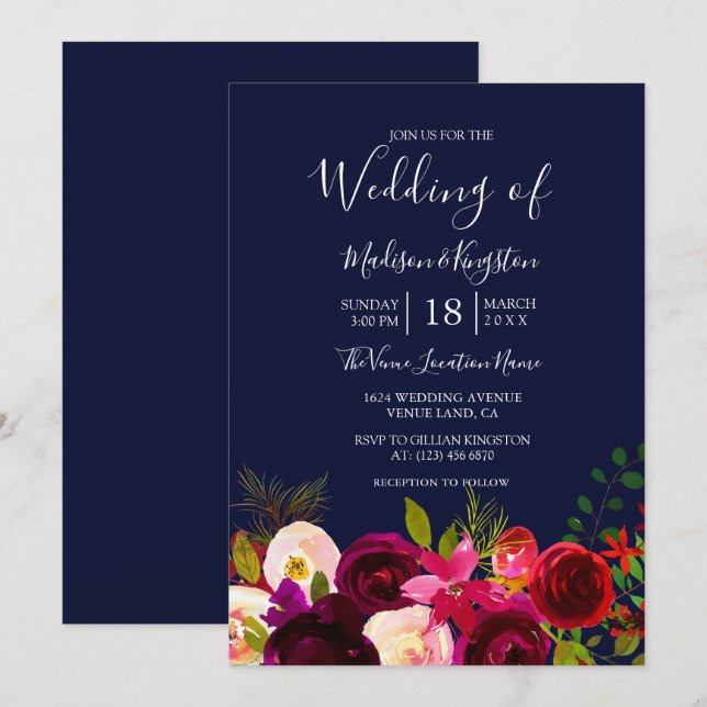 Burgundy Blume Navy Blue Wedite Einladung (Vorne/Hinten)