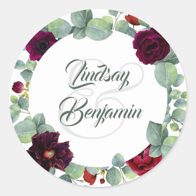 Burgundy Blume und Eukalyptus Greenerity Wedding Runder Aufkleber (Vorderseite)