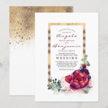 Burgundy-Blume und moderne Goldrahmen-Hochzeit