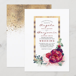 Burgundy-Blume und moderne Goldrahmen-Hochzeit Einladung