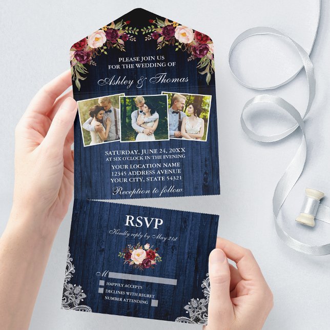 Burgundy Blumenblauer Holzschnitt 3 Foto Hochzeit All In One Einladung (All In One Wedding Invitation with tear off RSVP Card)