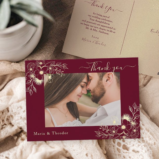 Burgundy BlumenWedding Vielen Dank Foto Card Postkarte (Von Creator hochgeladen)