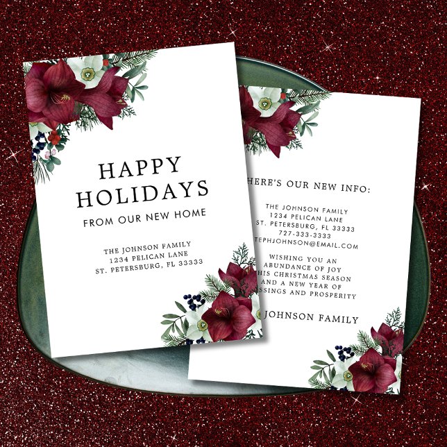 Burgundy Blumenweihnachtsthema Holiday Moving Ankündigung (Burgundy Amaryllis Christmas Floral Holiday Moving Announcement)