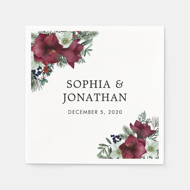 Burgundy Blumenweihnachtsthema Winter Wedding Serviette (Vorderseite)