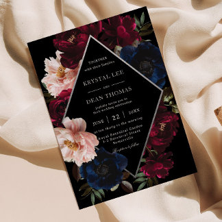 Burgundy Blush Black Navy Floral Silver Wedding Einladung