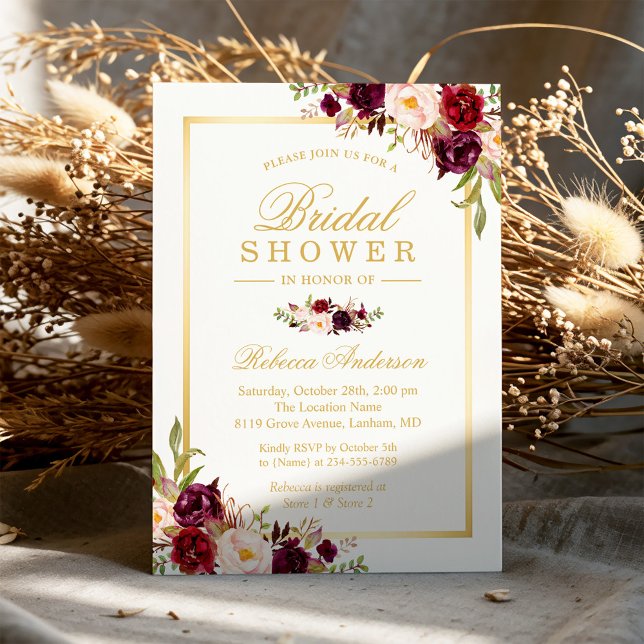 Burgundy Blush Bloom Floral Gold Brautparty Einladung (Von Creator hochgeladen)