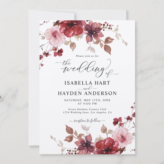 Burgundy Blush Bloral Alles in 1 QR Code Hochzeit Einladung (Vorderseite)