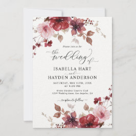 Burgundy Blush Bloral Alles in 1 QR Code Hochzeit Einladung