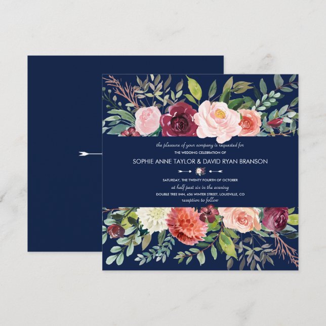 Burgundy Blush Bloral Frame Dunkelblaue Hochzeit Einladung (Vorne/Hinten)