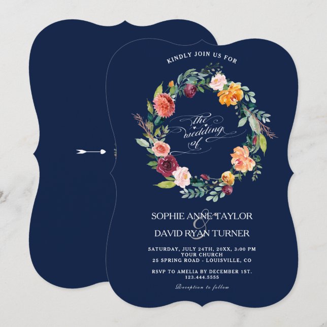 Burgundy Blush Bloral Frame Dunkelblaue Hochzeit Einladung (Vorne/Hinten)