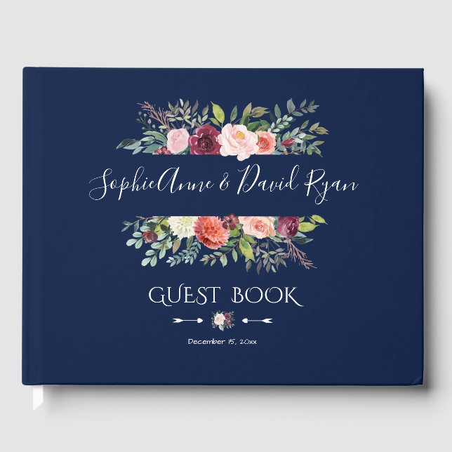 Burgundy Blush Bloral Frame Dunkelblaue Hochzeit Gästebuch (Vorderseite)