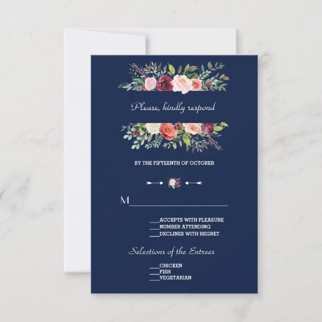 Burgundy Blush Bloral Frame Dunkelblaue Hochzeit RSVP Karte (Vorderseite)