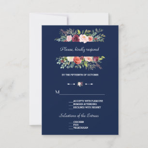 Burgundy Blush Bloral Frame Dunkelblaue Hochzeit RSVP Karte