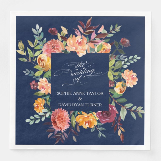 Burgundy Blush Bloral Frame Dunkelblaue Hochzeit Serviette (Vorderseite)