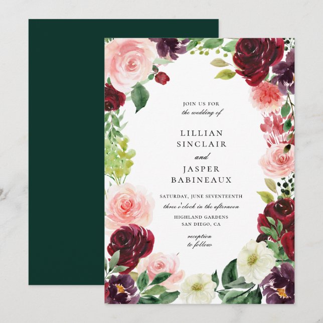 Burgundy Blush Bloral Frame Wedding Einladung (Vorne/Hinten)