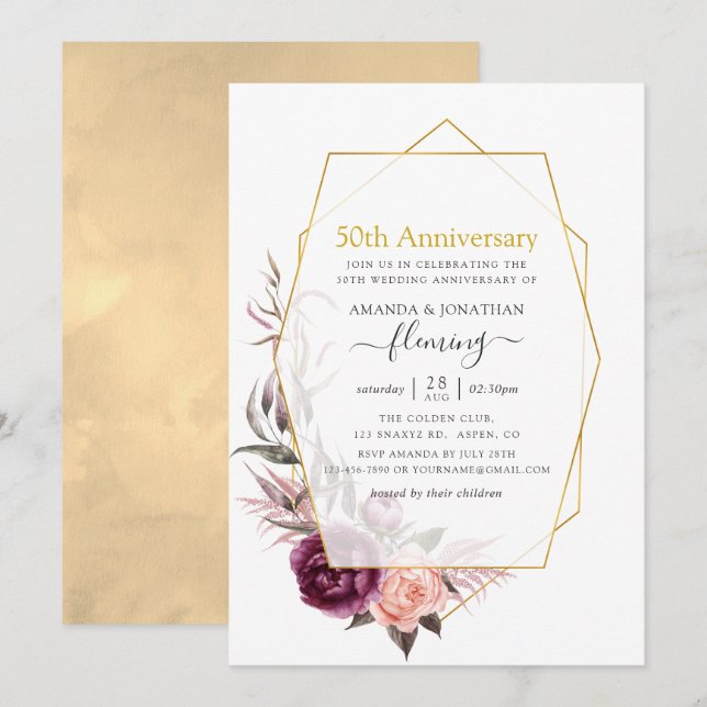Burgundy & Blush Bloral Geometric 50 Jahre alt Einladung (Vorne/Hinten)