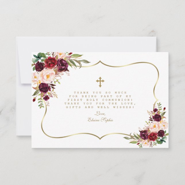 Burgundy Blush Bloral Gold Cross Heilige Kommune Dankeskarte (Vorderseite)