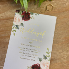Burgundy & Blush Bloral Gold Foil Text Wedding Folieneinladung