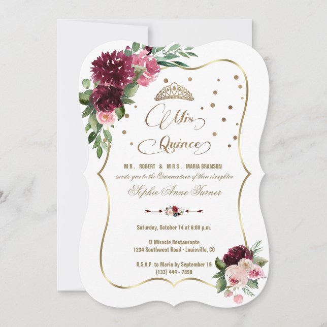 Burgundy Blush Bloral Gold Mis Quince Quinceañera Einladung (Vorderseite)