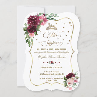 Burgundy Blush Bloral Gold Mis Quince Quinceañera Einladung